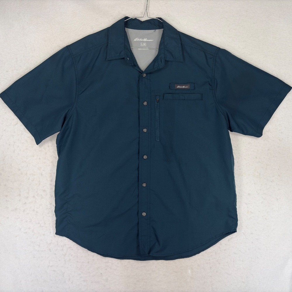 Eddie Bauer Mens Large Teal Ripstop Short Sleeve Fishing Hiking Shirt EMT4970S